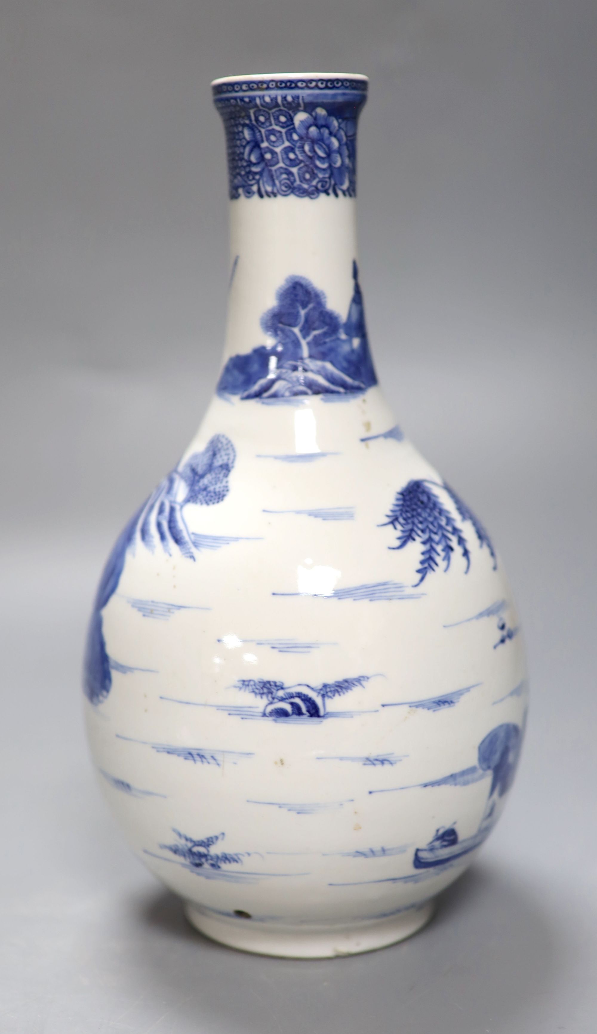 An 18th century Chinese blue and white guglet, once mounted as a lamp, height 25.5cm (drill hole to base)